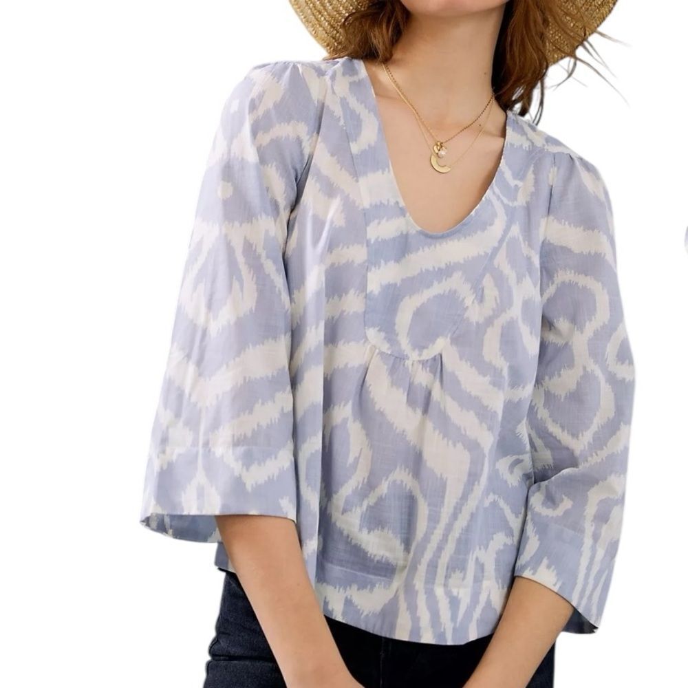 Anthropologie Blue and White Bell Sleeve Blouse small